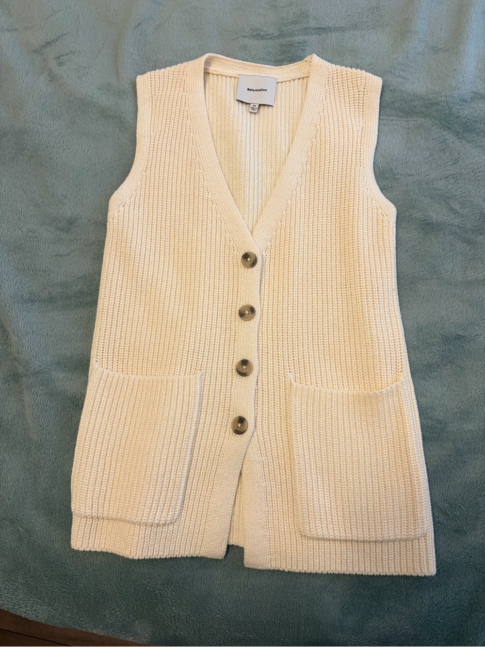 Reformation Cream Knit V-Neck Button-Front Sweater Vest